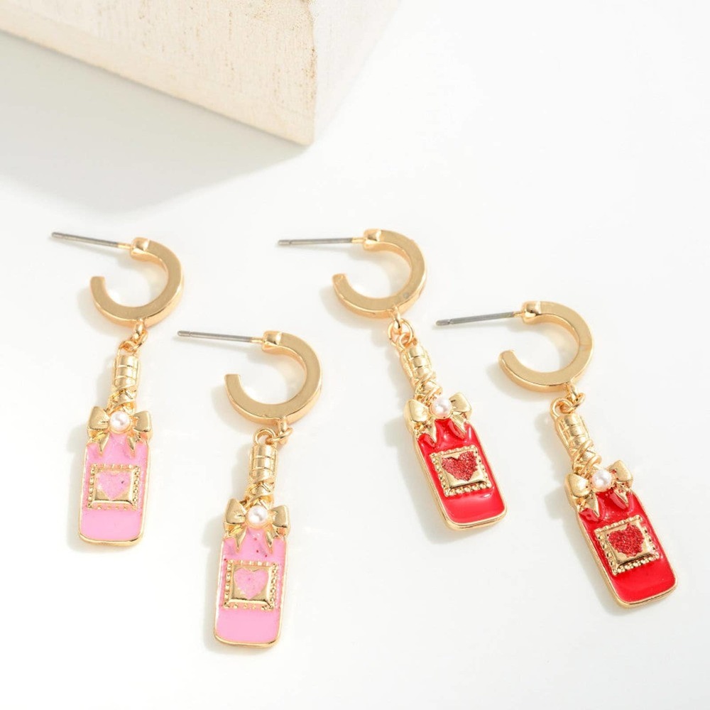 Pink Enamel Champagne Heart Pearl Dangle Charm Huggie Hoop Earrings - Picture 3 of 3